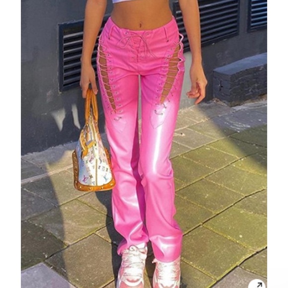 Pants & Jumpsuits | Pink Leather Laceup Pants | Poshmark